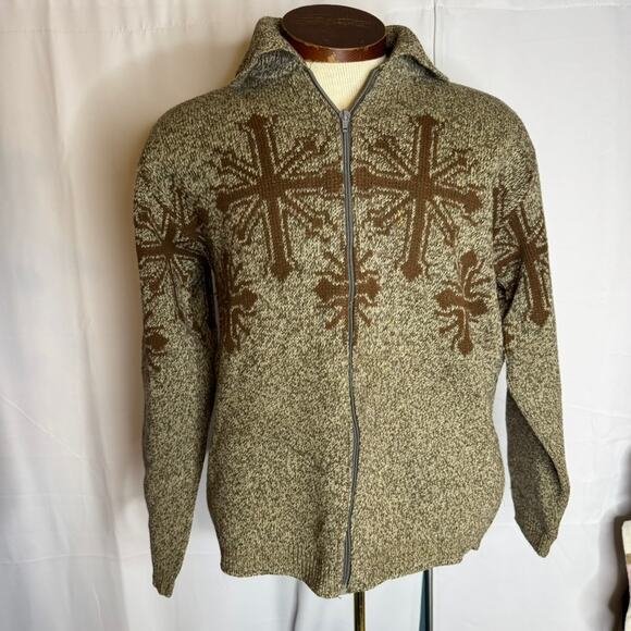 Unbranded Cowichan Style Wool Cardigan Full Zip Nordic Snowflake Mens Large Knit - Picture 2 of 5